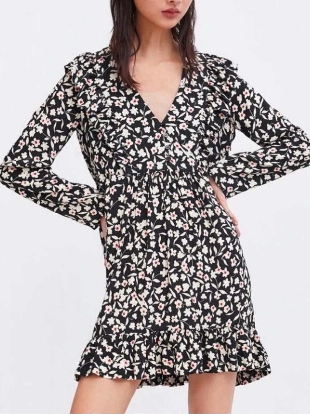 Zara Floral V-Neck Ruffle Mini Dress Size S
